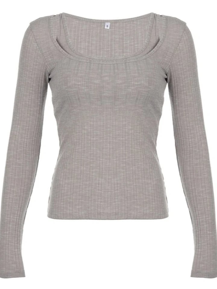 Grey Ribbed 2PCS Long Sleeve Shirt