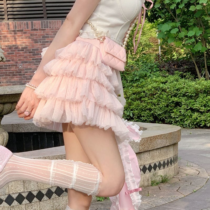 Sweet Bow Ruffle Layer Bandage A-Line Skirt