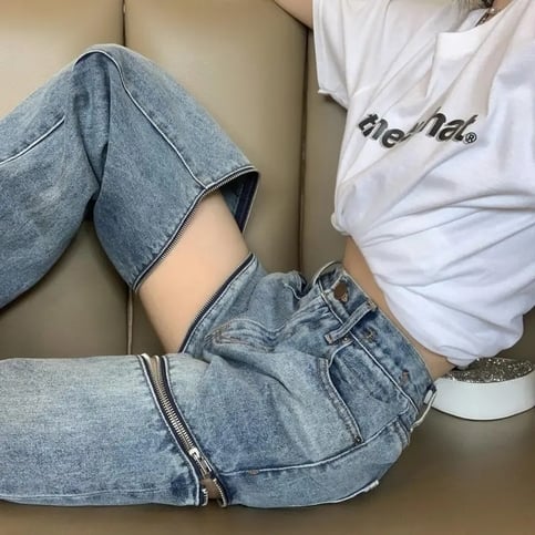 Zipper High Waist Denim Jeans