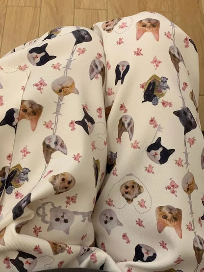 Cat Dog Animal Print Wide Leg Cargo Pants