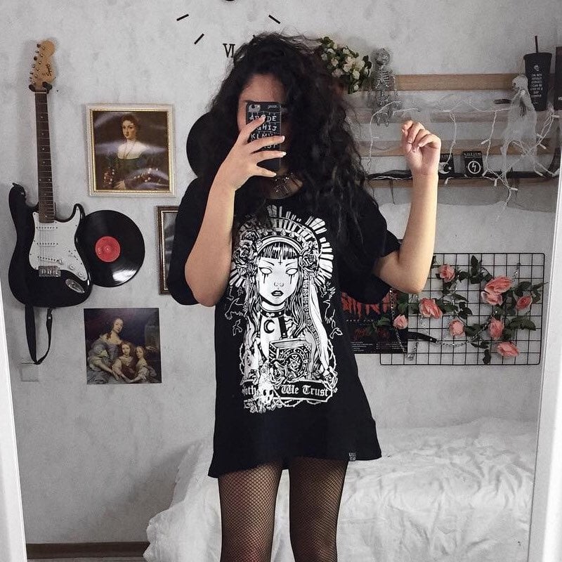 Cute Black Witch Anime Girl Cartoon Print Hoodie Sweater Sweatshirt Pullover Shirt Goth Punk E-Girl Kawaii Korean Japanese Harajuku Streetwear