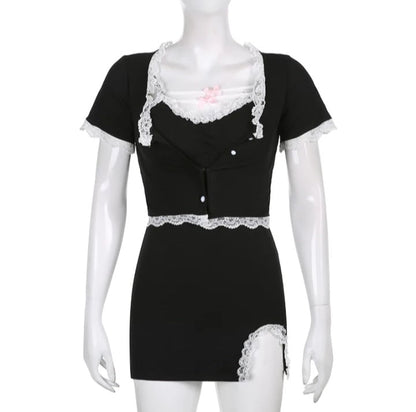 Cute Sweet Sexy 2pcs Lace Trim Split Dress Set + Short Sleeve Cardigan Crop Top Aesthetic Casual E-Girl Kawaii Korean Japanese Harajuku