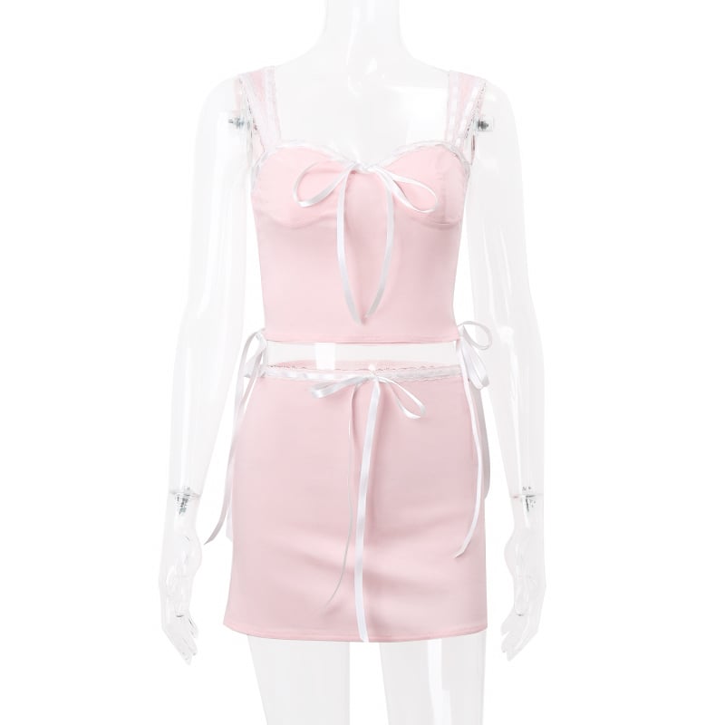 2PCS Sweet Pink Bow Sleeveless Lace Top + Skirt