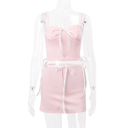 2PCS Sweet Pink Bow Sleeveless Lace Top + Skirt