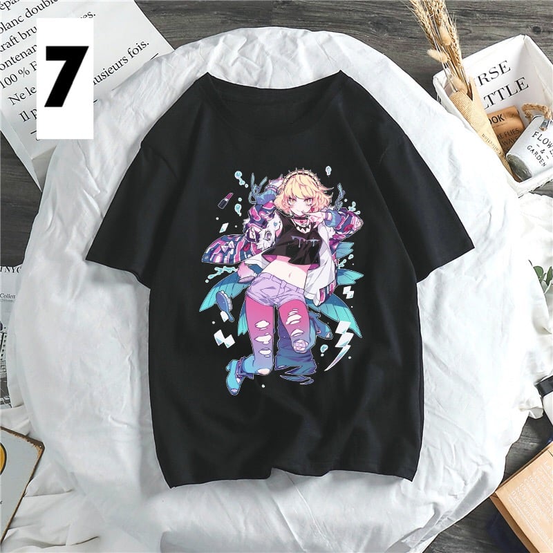 Anime Girl Cartoon Print Aesthetic Loose Short Sleeve Shirt T-shirt Top Punk Goth Summer Casual E-Girl Kawaii Korean Japanese Harajuku Streetwear