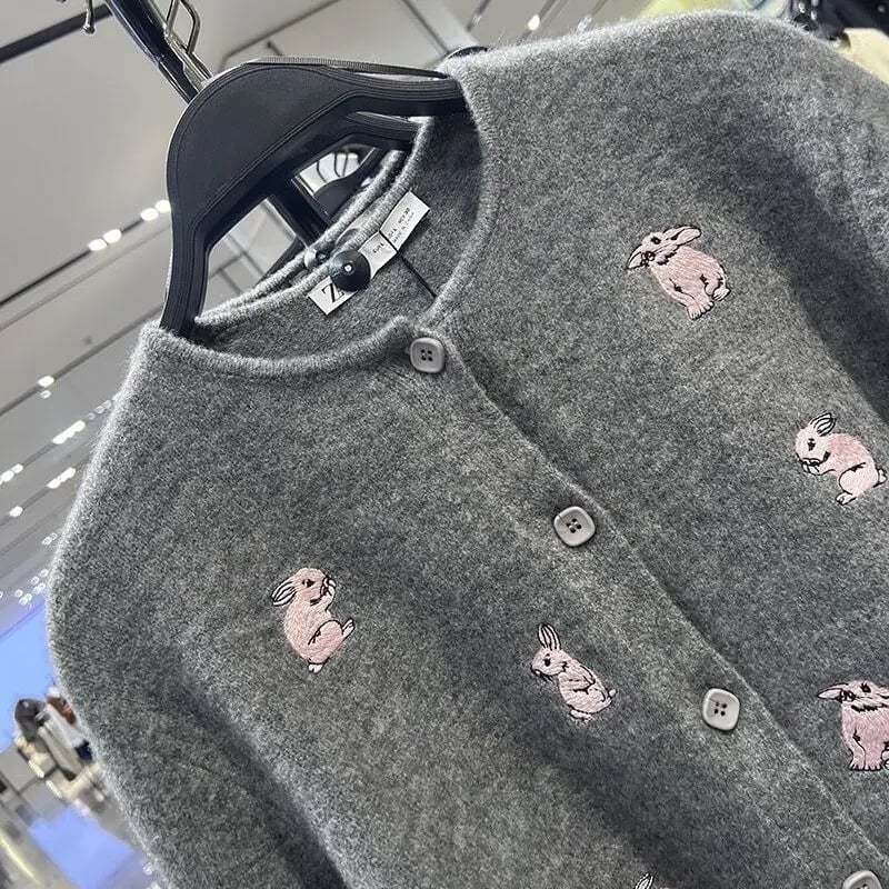 Grey Rabbit Embroidery Knit Cardigan
