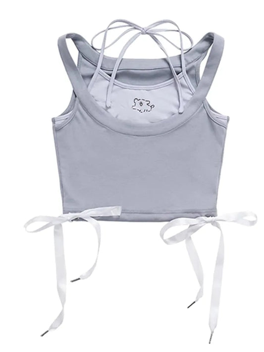 2PCS Dog Print Bow Tie Halter Top