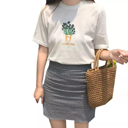 Cute Summer Lavender Plant Flower Embroidery White Loose Casual Short Sleeve Tee Shirt T-shirt Top E-Girl Kawaii Korean Japanese Harajuku Streetwear