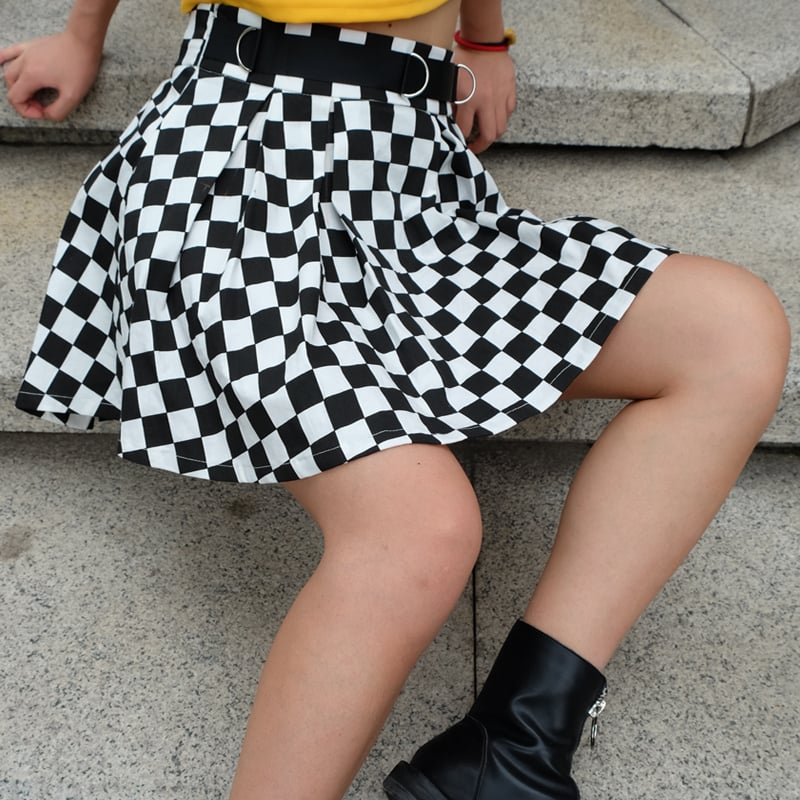 Cute Sexy Checkered Pleated Black White Sash High Waisted Skater Skirt E-Girl Kawaii Korean Japanese Harajuku Streetwear