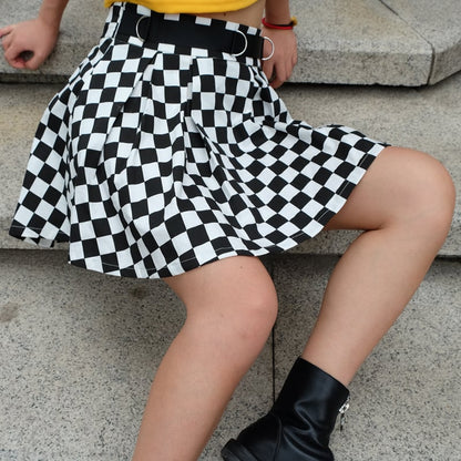 Cute Sexy Checkered Pleated Black White Sash High Waisted Skater Skirt E-Girl Kawaii Korean Japanese Harajuku Streetwear