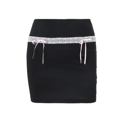 Black Bow Lace Trim High Waist Mini Skirt