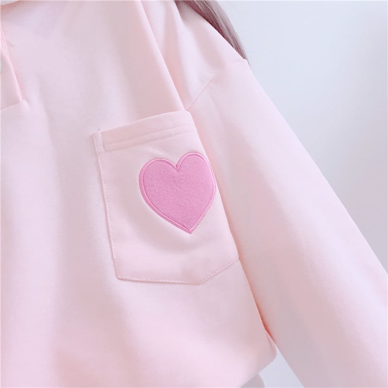 Cute Heart Embroidery Pocket Oversized Sweater Long Sleeve Shirt Pullover Hoodie Sweatshirt E-Girl Kawaii Korean Japanese Harajuku Retro Streetwear