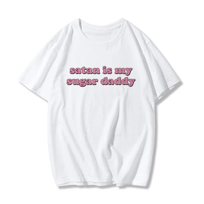 Cute Black Satan Sugar Daddy Print Short Sleeve T-shirt Goth Punk Aesthetic Casual Summer E-Girl Kawaii Korean Japanese Harajuku