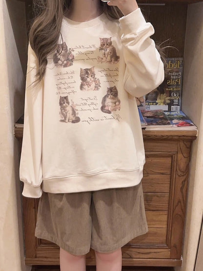 Cat Letter Print Loose Sweatshirt