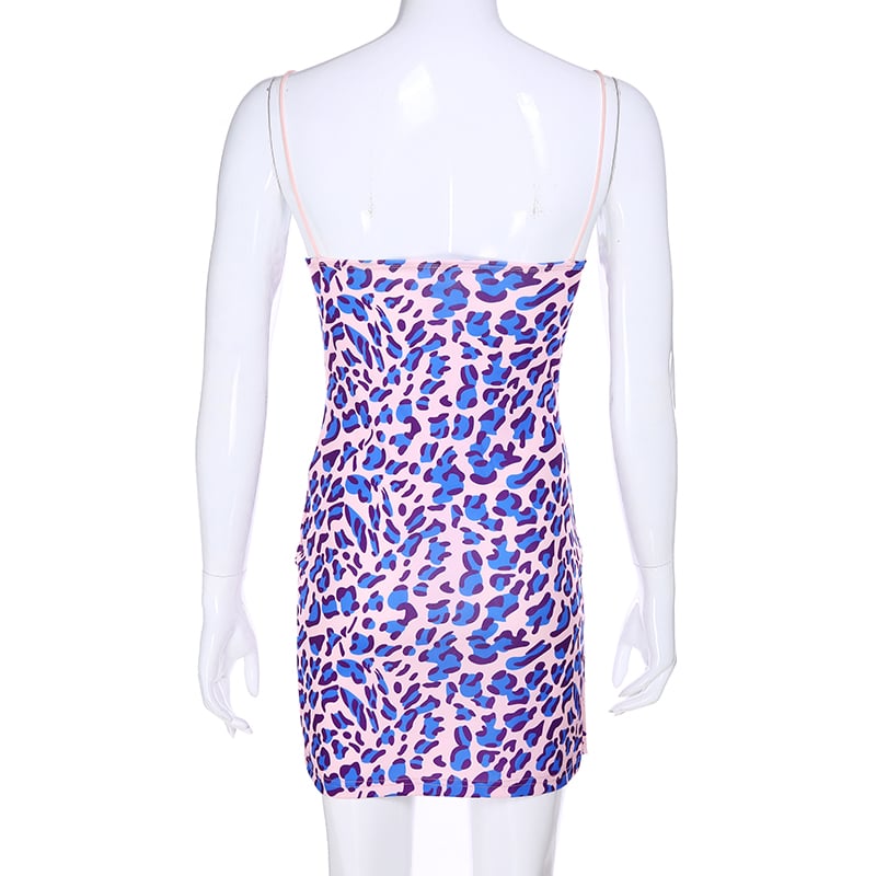 Cute Purple Leopard Spaghetti Strap Backless Mini Dress Party E-Girl Kawaii Korean Japanese Harajuku Chinese Retro Streetwear Aesthetic