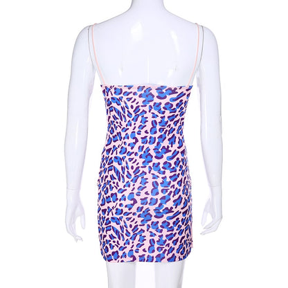 Cute Purple Leopard Spaghetti Strap Backless Mini Dress Party E-Girl Kawaii Korean Japanese Harajuku Chinese Retro Streetwear Aesthetic