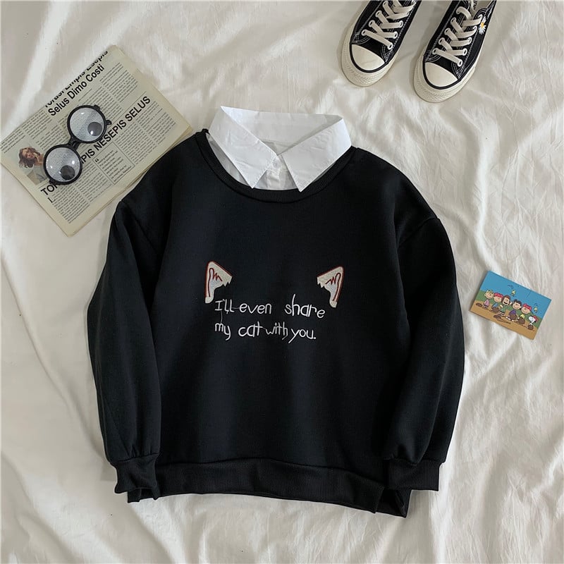 Cute Cat Kitten Print Polo Collar 2 Pcs Sweatshirt Sweater Pullover Jumper Long Sleeve Shirt Casual E-Girl Kawaii Korean Japanese Harajuku Streetwear