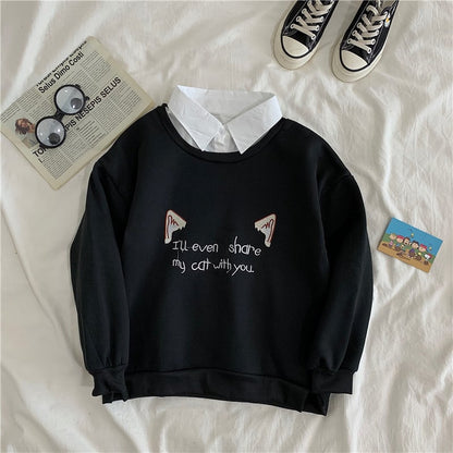 Cute Cat Kitten Print Polo Collar 2 Pcs Sweatshirt Sweater Pullover Jumper Long Sleeve Shirt Casual E-Girl Kawaii Korean Japanese Harajuku Streetwear