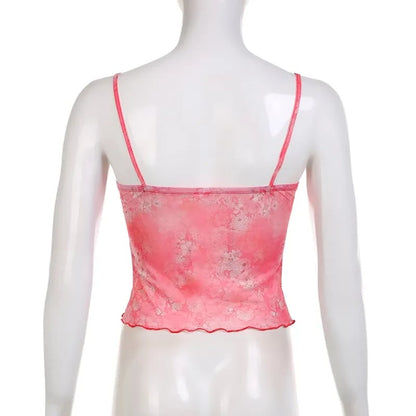 Pink Floral Mesh Sheer V-Neck Crop Top