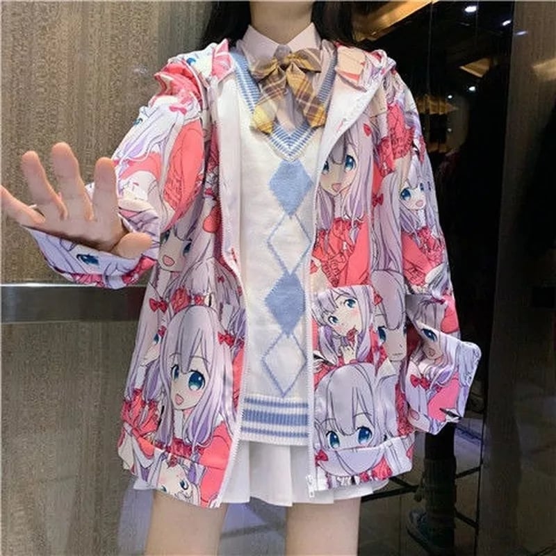 Cute Anime Girl Zip Up Hoodie Jacket Jumper Sweatshirt Long Sleeve Shirt Aesthetic Casual E-Girl Kawaii Korean Japanese Harajuku
