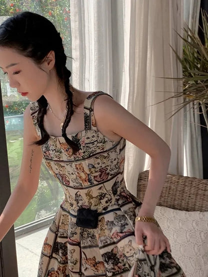 Cat Print A-Line Dress