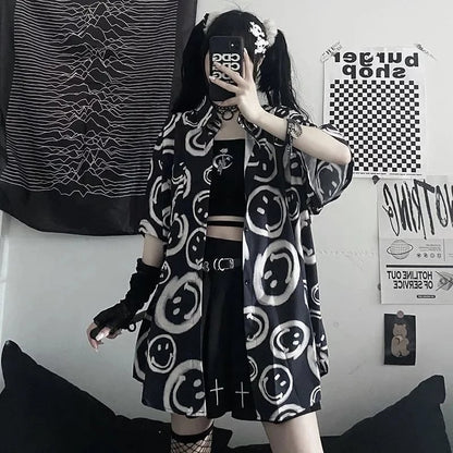 Black Smiley Happy Face Cartoon Print Button Down Oversize Short Sleeve Shirt Goth Aesthetic Casual Summer E-Girl Kawaii Korean Japanese Harajuku