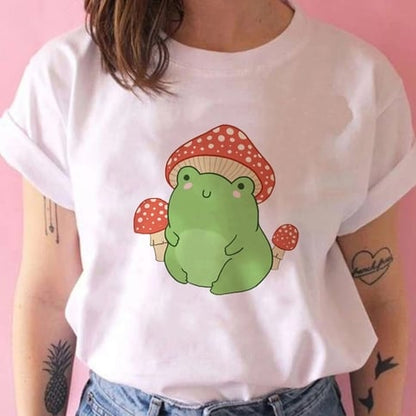 Cute Frog Mushroom Plant Cartoon Print Loose Oversize Short Sleeve T-shirt Punk Aesthetic Casual Summer E-Girl Kawaii Korean Japanese Harajuku