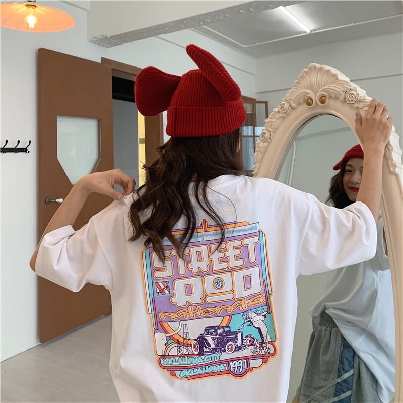 Pastel Retro 90s Vintage Cartoon Print Three Quarter Short Sleeve Tee Shirt T-shirt Top Causal E-Girl Kawaii Korean Japanese Harajuku Streetwear