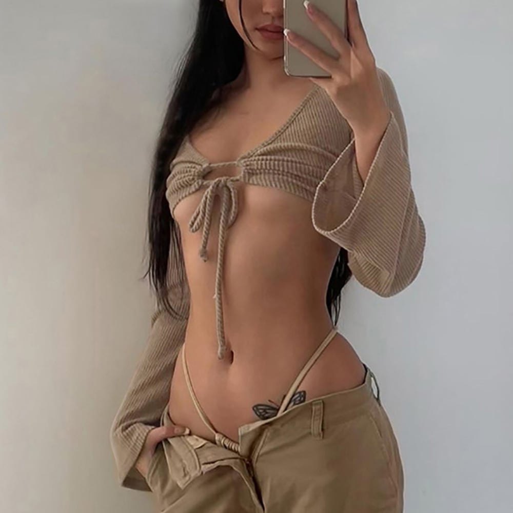 Brown Ruched Bandage Flare Crop Top