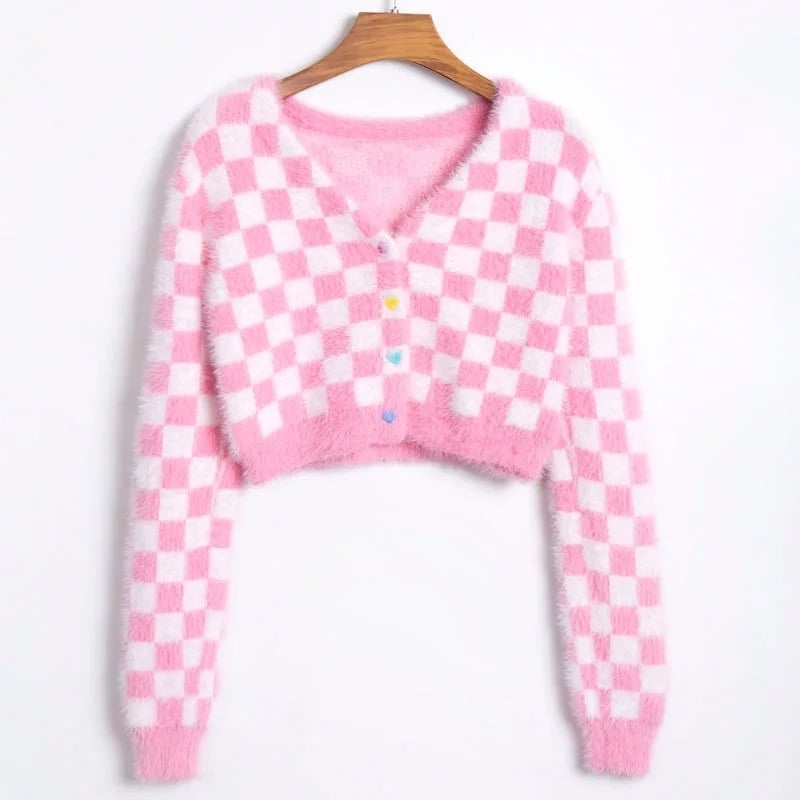 Cute Plaid Checkered Crop Sweater Cardigan Top Long Sleeve Knit E-Girl Kawaii Korean Japanese Harajuku Chinese Retro Streetwear Aesthetic