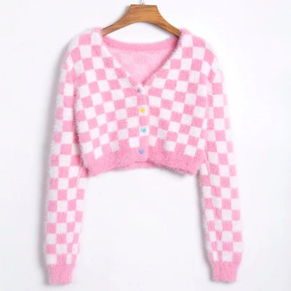Cute Plaid Checkered Crop Sweater Cardigan Top Long Sleeve Knit E-Girl Kawaii Korean Japanese Harajuku Chinese Retro Streetwear Aesthetic