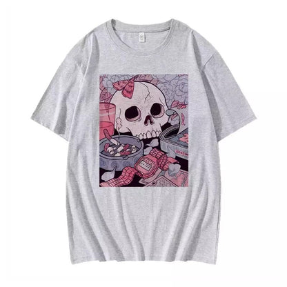 Cute Black Skull Goth Punk Print Cartoon Loose Short Sleeve Short T-shirt Tee Top Summer Casual E-Girl Kawaii Korean Japanese Harajuku Streetwear