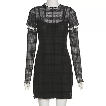 Cute Black Patchwork Plaid Detachable Sleeves Mini Dress Summer Aesthetic Casual E-Girl Kawaii Korean Japanese Harajuku