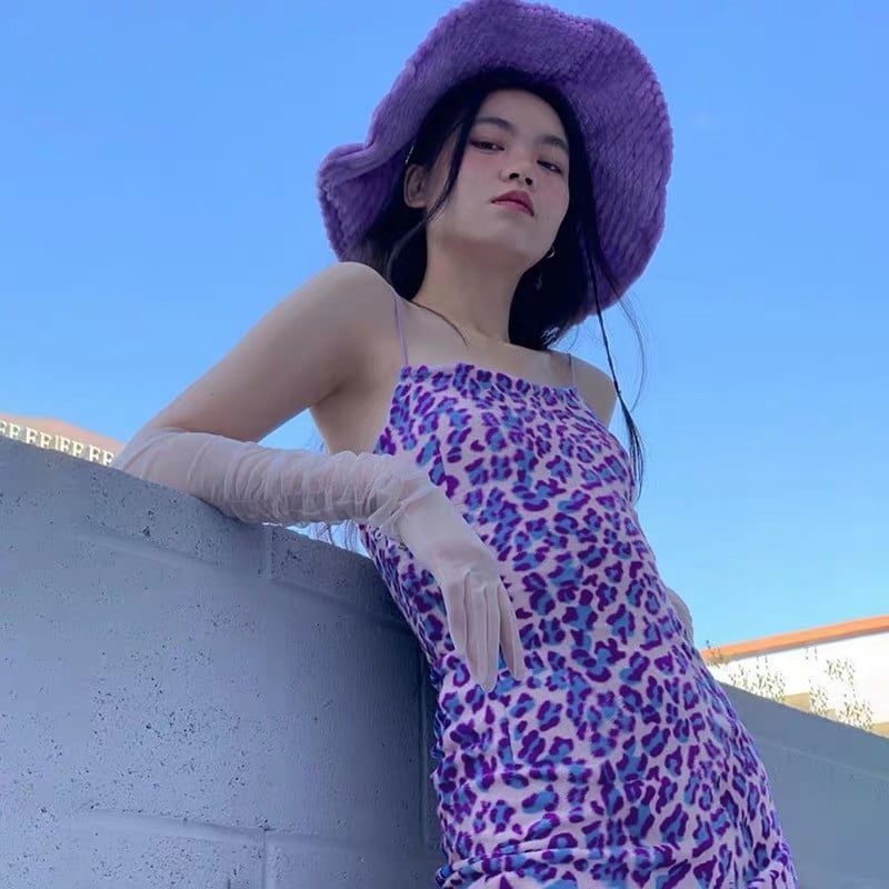 Cute Purple Leopard Spaghetti Strap Backless Mini Dress Party E-Girl Kawaii Korean Japanese Harajuku Chinese Retro Streetwear Aesthetic