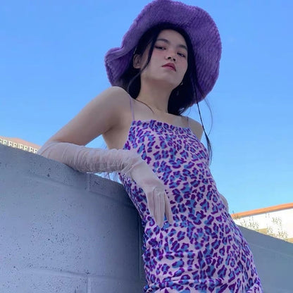 Cute Purple Leopard Spaghetti Strap Backless Mini Dress Party E-Girl Kawaii Korean Japanese Harajuku Chinese Retro Streetwear Aesthetic