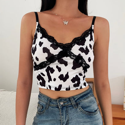 Cute Sexy Cow Print Patchwork Lace Tank Crop Top Shirt Tee T-shirt Club E-Girl Kawaii Korean Japanese Harajuku Chinese Retro Streetwear Aesthetic