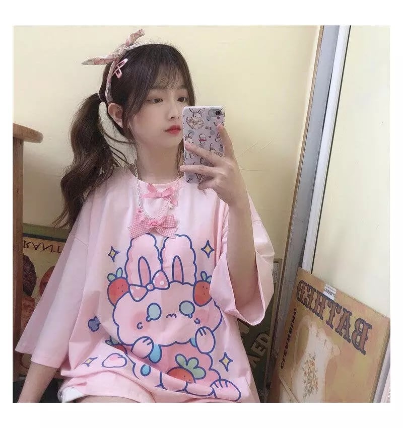 Cute Pastel Pink Sweet Rabbit Crying Strawberry Print Oversized Short Sleeve Shirt Aesthetic Casual E-Girl Kawaii Korean Japanese Harajuku