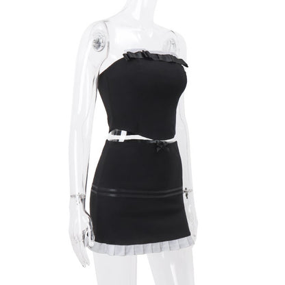 2PCS Black & White Strapless Top + Pleated Mini Skirt