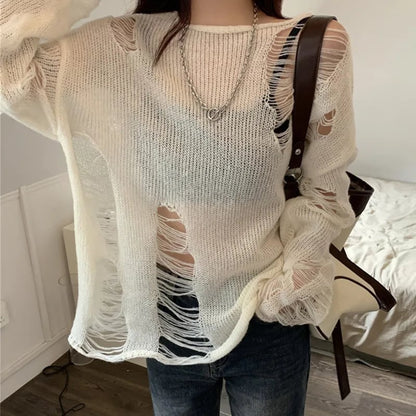 White Hole Ripped Long Sleeve Sweater