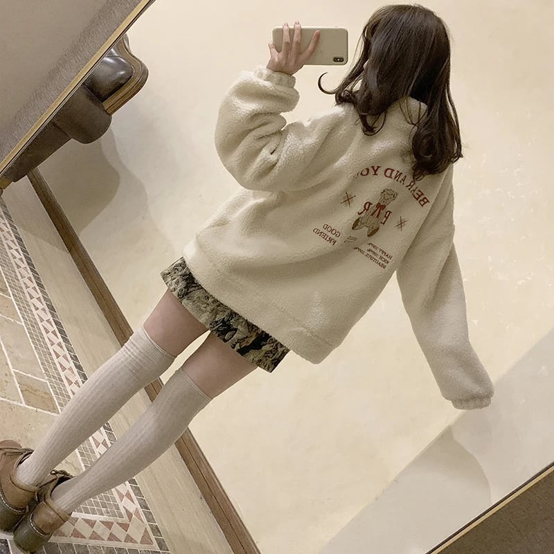 Fluffy Fleece Bear Embroidery Loose Zipper Jacket