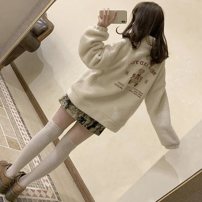 Fluffy Fleece Bear Embroidery Loose Zipper Jacket