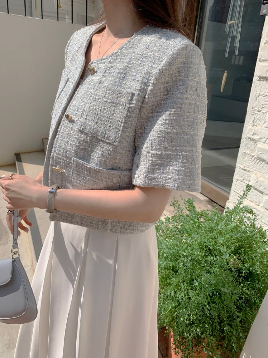 Heart Button Tweed Short Sleeve Blouse