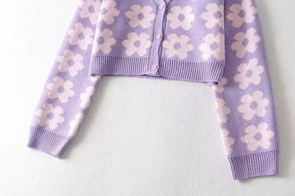 Cute Vintage 90s Purple Pink Flowers Cardigan Long Sleeve Shirt Top V Neck Sweater Jumper Aesthetic E-Girl Kawaii Korean Japanese Harajuku Streetwear