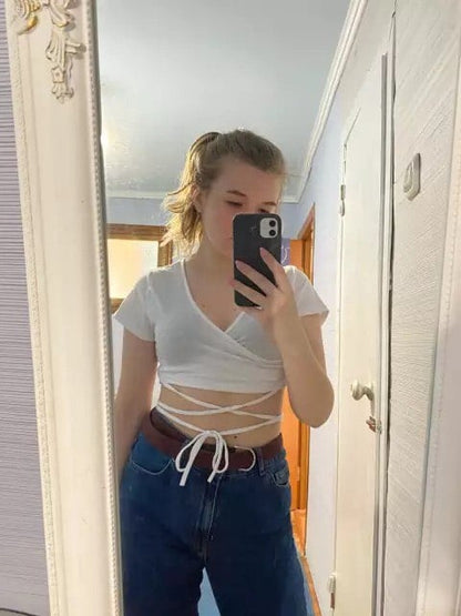 Cute Sexy Solid Color V Neck Tie Up Short Sleeve Crop Top T-shirt Summer Basics E-Girl Kawaii Korean Japanese Harajuku Streetwear