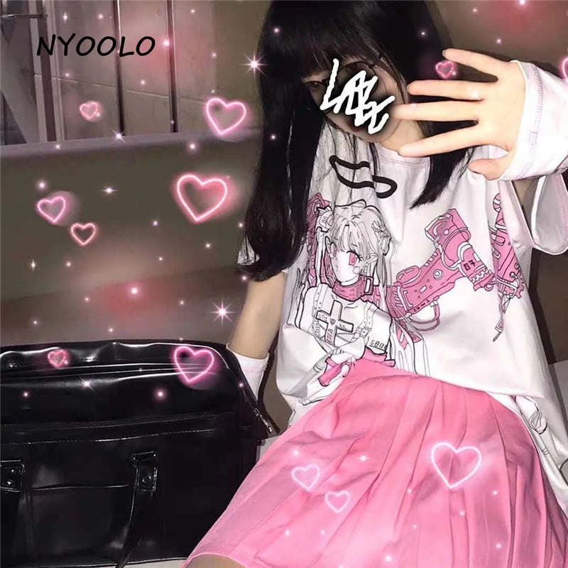 Angel Steampunk Anime Girl Cartoon Print Loose Short Sleeve T-shirt Top Summer Causal Goth Punk E-Girl Kawaii Korean Japanese Harajuku Streetwear