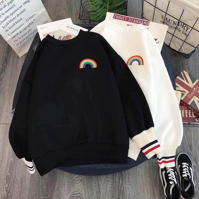 Cute Rainbow Embroidery Fleece Hoodie Sweater Sweatshirt Pullover 90s Oversized Long Sleeve E-Girl Kawaii Korean Japanese Harajuku Retro Streetwear