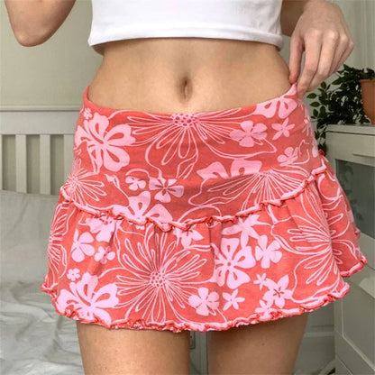 Hawaiian Hibiscus Flower High Waist Pleated Ruffle Mini Skirt