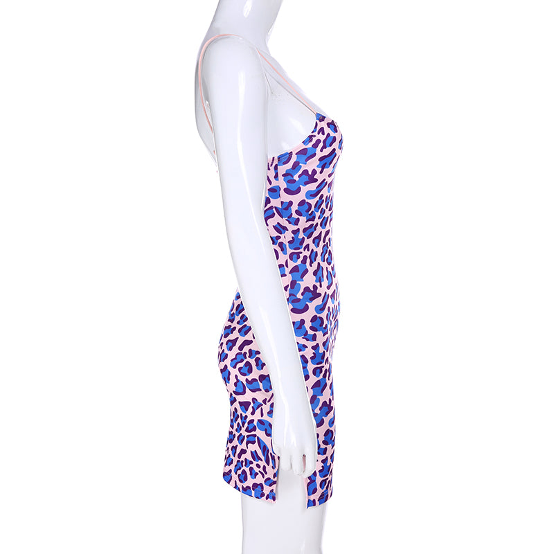 Cute Purple Leopard Spaghetti Strap Backless Mini Dress Party E-Girl Kawaii Korean Japanese Harajuku Chinese Retro Streetwear Aesthetic