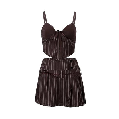 2PCS Vertical Stripe Print Spaghetti Strap Top + Skirt