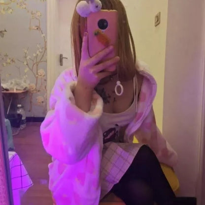 Cute Sweet Pink Peach Plush Oversized Thick Warm Jacket Zipper Hoodie Sweater Winter Autumn Aesthetic Casual E-Girl Kawaii Korean Japanese Harajuku